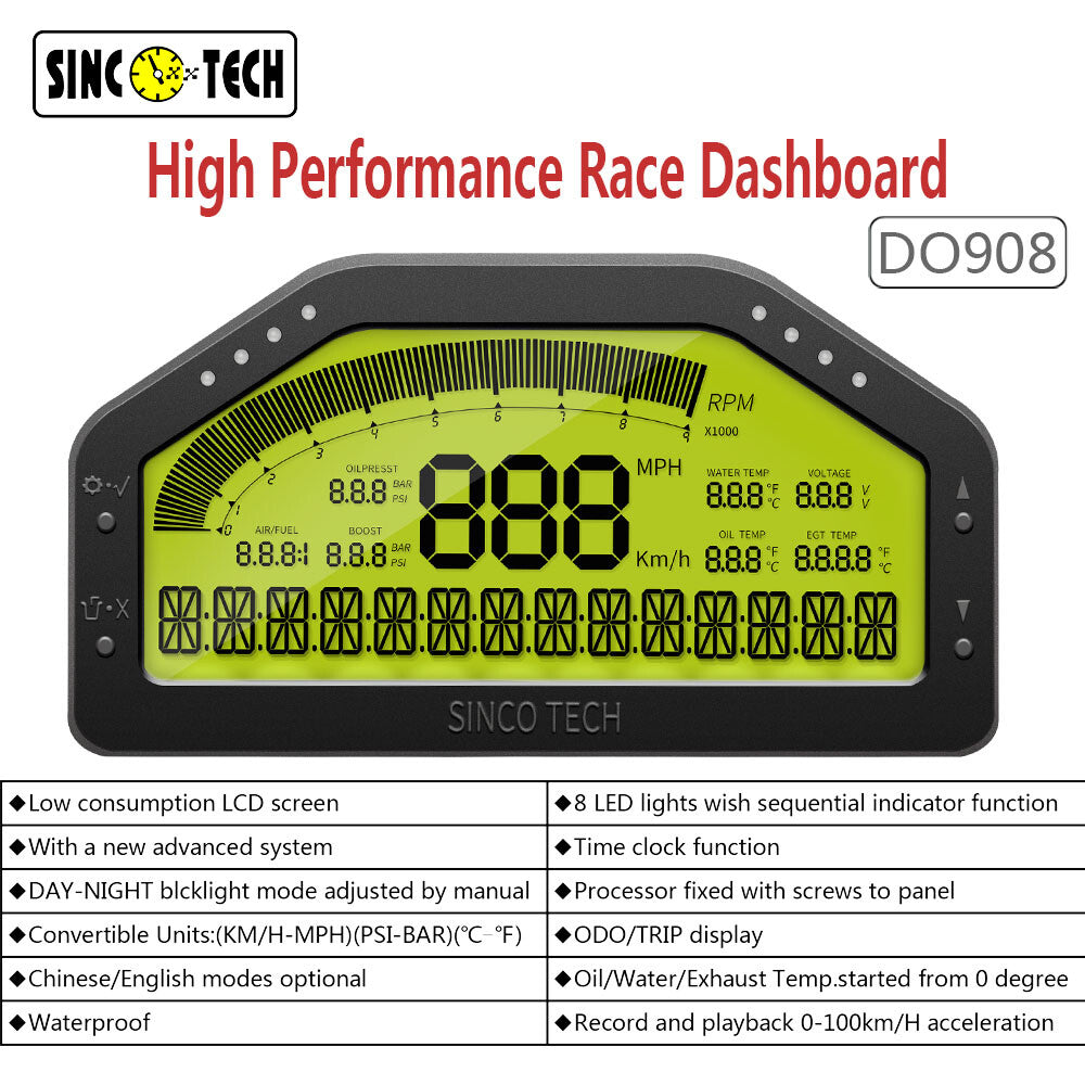 908 Car Dash Race Display Dashboard Connecting Wire LCD Screen Multi Function Gauge Sensor Kit